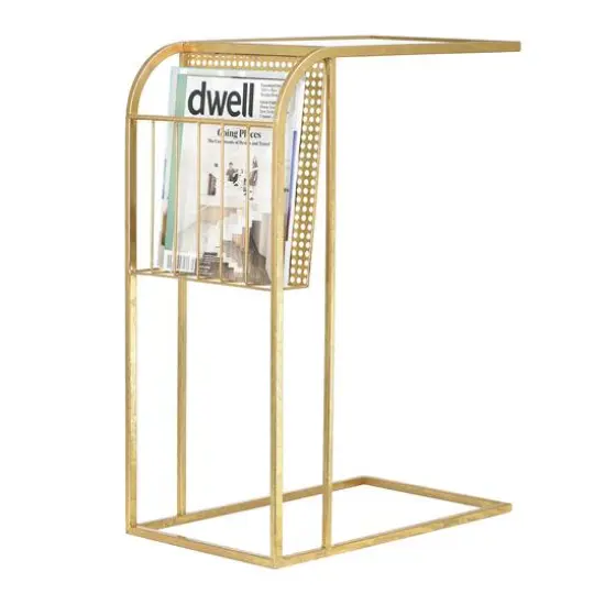 Hello Honey&reg; 28'' Gold Metal Side Table with Magazine Rack and Glass Top {4}