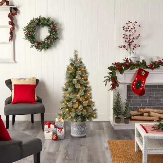 4.5ft. Pre-Lit Nova Scotia Pine Artificial Christmas Tree in Engraved Geometric Stone Planter, Warm White LED Lights {10}