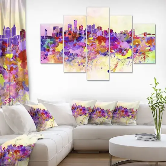 Designart - Purple New York Skyline - Large Cityscape Canvas Art Print {3}