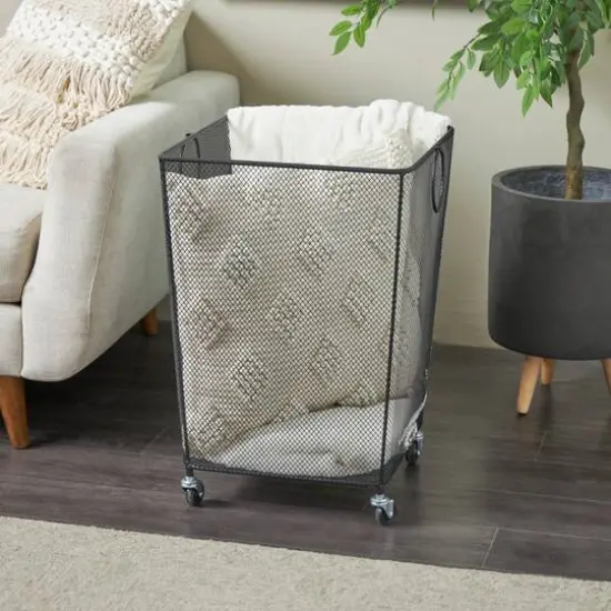 24" Black Metal Square Mesh Wire Rolling Laundry Storage Cart with Ring Handles {9}