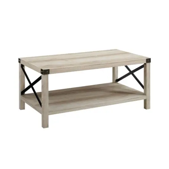 White Oak & Bronze Metal X Rustic Wood Coffee Table {1}
