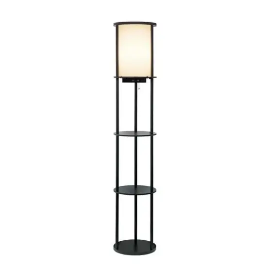 Simple Designs&trade; 62.5" Round Floor Lamp with 2 USB Ports and 1 Outlet Black {3}