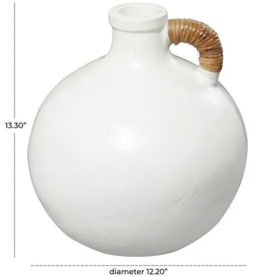 13" White Ceramic Jug Inspired Vase with Rattan Wrapped Handle {6}