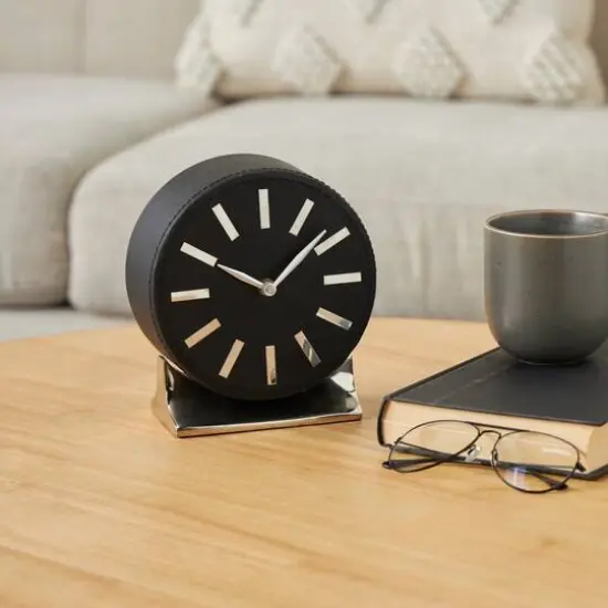 Faux Leather Round Decorative Clock with Rectangular Base Black/Silver {9}