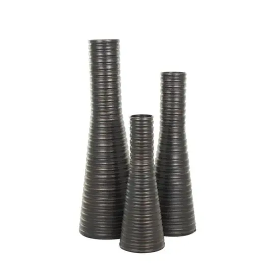 Bronze Ribbed Tall Cone Floor Vase with Horizontal Grooves Set {10}