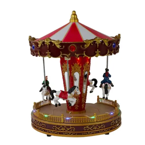 11" Red & White LED Animated Christmas Carousel with Horses {5}