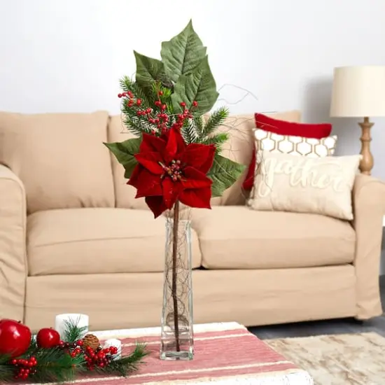 32" Poinsettia, Berries & Pine Arrangement in Glass Vase {4}