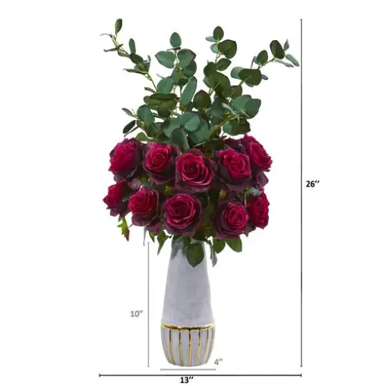 26" Rose & Eucalyptus Arrangement in Stoneware Gold Trim Vase {3}