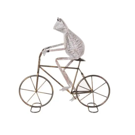 19.5" Frog on Bicycle Metal Garden Sculpture with Gold Accents Copper {7}