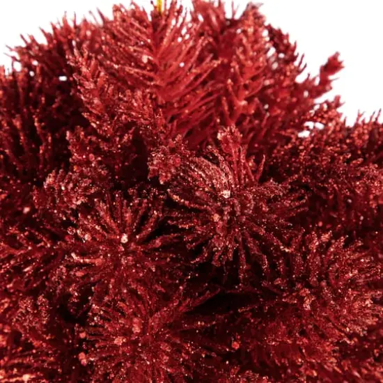 Red Glittered Pine Leaf Christmas Plastic Ball Ornament {4}