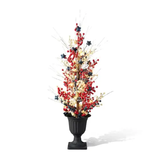 Glitzhome&reg; 36" Lighted Patriotic Americana Berry & Stars Urn Porch Tree {1}