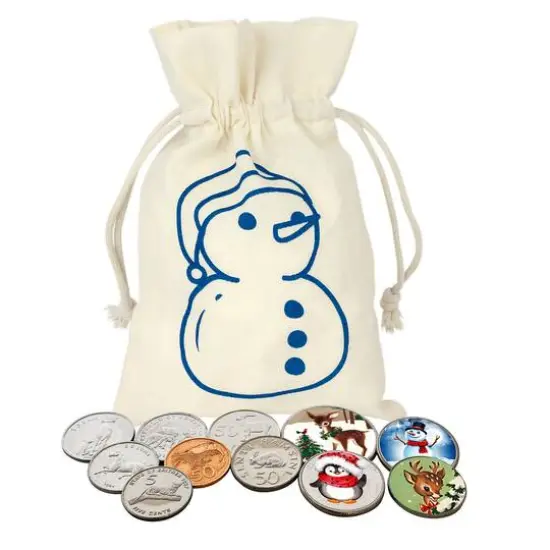Animal Coins From Around The World And Colorized Christmas Coins In Snowman Canvas Bag {1}