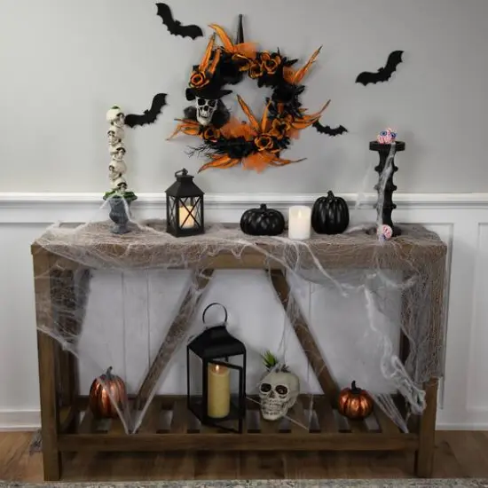 14" Skull with Black & Orange Roses Halloween Wreath {4}