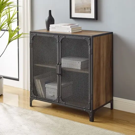 Walker Edison 30" Reclaimed Barnwood Industrial Mesh Metal Door Accent Cabinet {1}