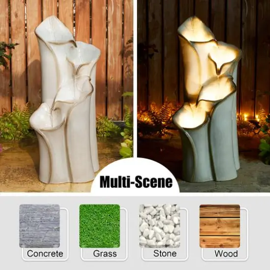 Glitzhome&reg; 31.25" 4-Tier LED Lotus Leaf Textured Ceramic Vase Outdoor Floor Fountain Sand Beige {7}