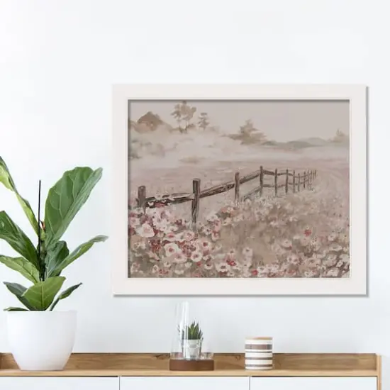 Fence Wildflower Field White Framed Print {3}