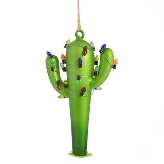 5.5" Green Cactus with Retro Light String Glass Christmas Ornament {1}