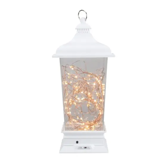 12" Battery Operated White Tapered Lantern with Rice Lights {5}