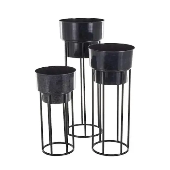 Black Metal Wash Textured Planter with Open Framed Black Caged Base Set {11}