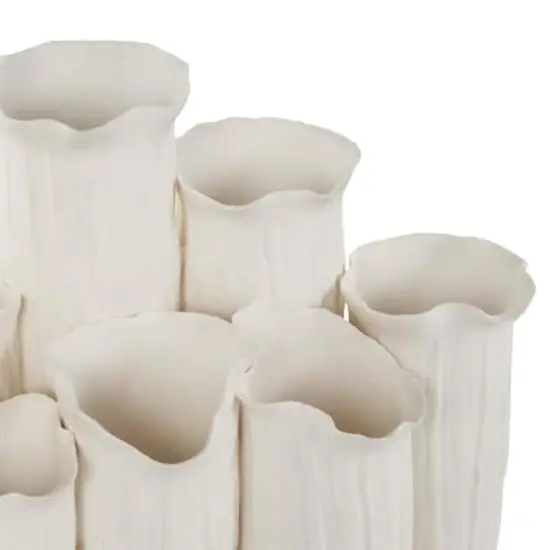 14" White Ceramic Abstract Floral Inspired Decorative Vase with Linear Grooves & 10 Openings {5}