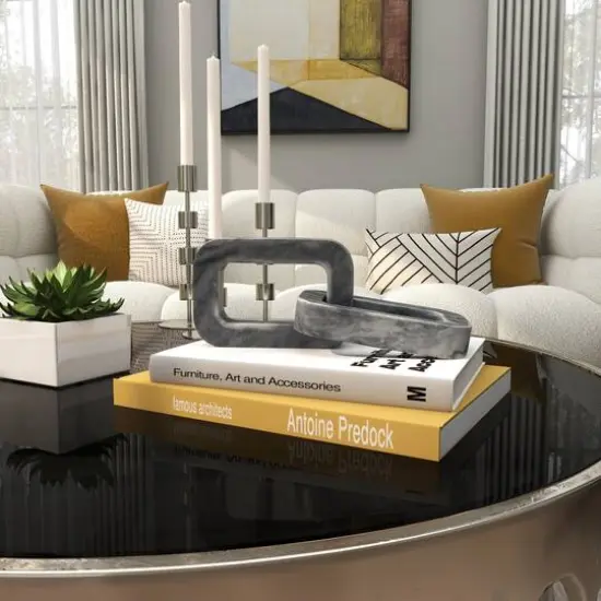 9.75" Gray Marble Geometric 2-Link Chain Sculpture D&eacute;cor {7}