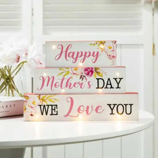 Glitzhome&reg; 12" Lighted Wood Happy Mother's Day Block Sign {3}