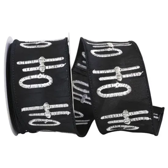 JAM Paper 2.5" x 10yd. Black & White Ho-Ho-Ho Embroidered Dupioni Wired Ribbon {1}
