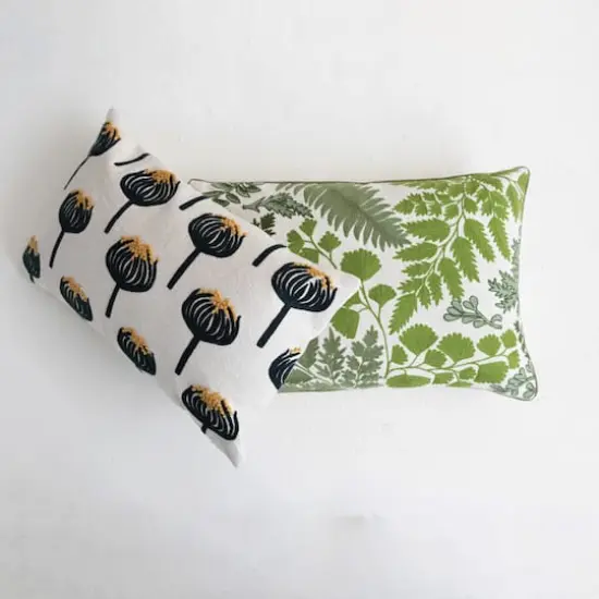 Green & White Botanical Embroidered Lumbar Pillow {4}