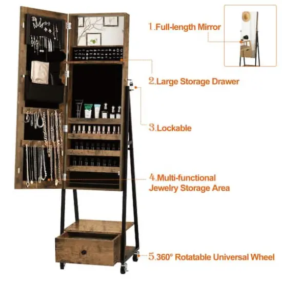 NEX™ 5ft. Burnt Wood Brown Jewelry Armoire on Casters with Chest Drawer {5}