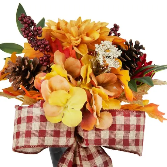 Orange & Yellow Fall Floral Remembrance Cone with Plaid Ribbon by Ashland&reg; {3}