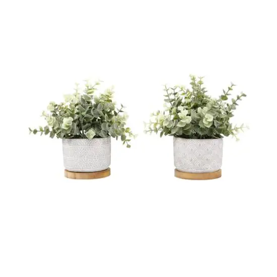 Flora Bunda&reg; 7.5" Eucalyptus & Tea Leaf Plant in Cement Pot with Wood Base, 2ct. {1}