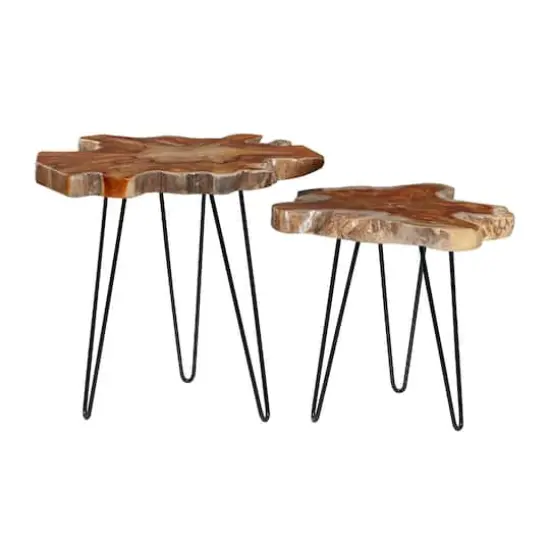 Brown Teak Wood Contemporary Accent Table Set {3}