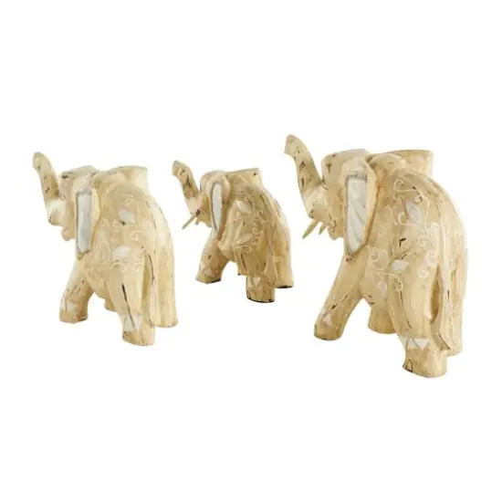 Light Brown Wood Elephant Handmade Sculpture Set, 3ct. {7}