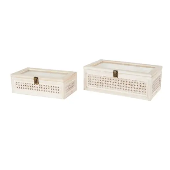 Cream Metal Handmade Woven Storage Box with Bronze Latches & Tempered Glass Tops Set {1}