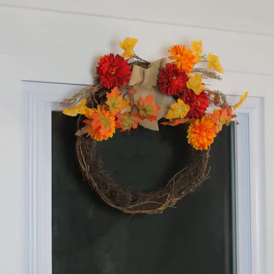 20" Autumn Harvest Mixed Leaf & Mum Flower Twig Wreath, Unlit {3}