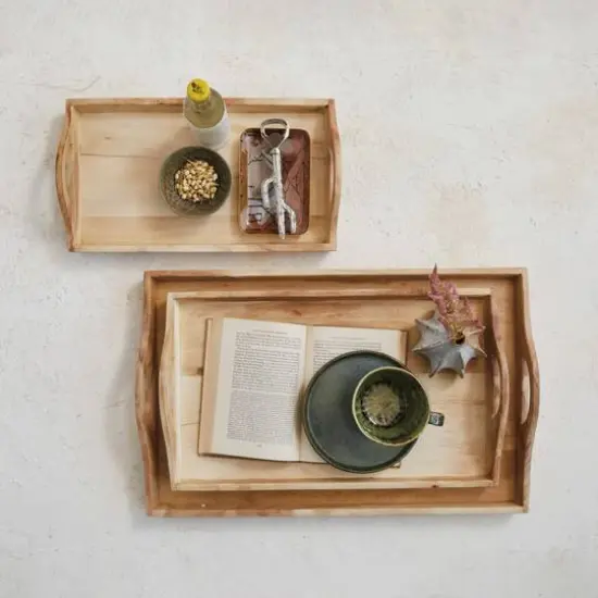 Hello Honey&reg; Natural Rectangular Acacia Wood Handled Stacking Tray Set {3}