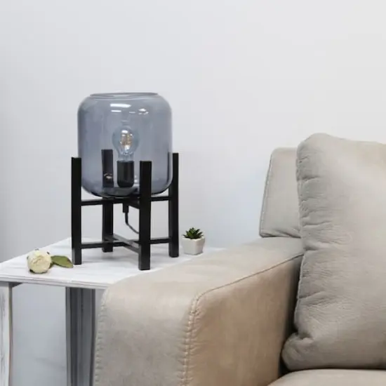 Simple Designs 13.5" Black Wood Mounted Table Lamp with Glass Cylinder Shade Smoke Glass {6}