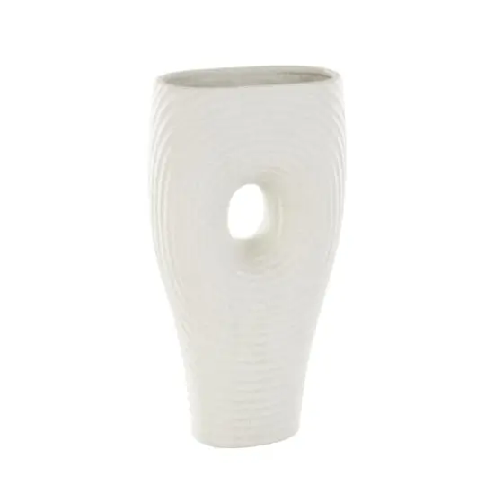 16" White Speckled Ceramic Ribbed Cutout Vase {1}