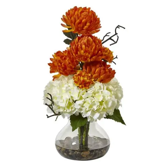 19" Orange & White Hydrangea & Mum in Glass Vase {1}