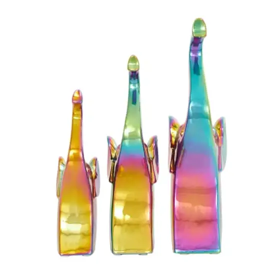 Multicolor Ceramic Elephant Sculpture Set with Rainbow Shimmer Finish {5}