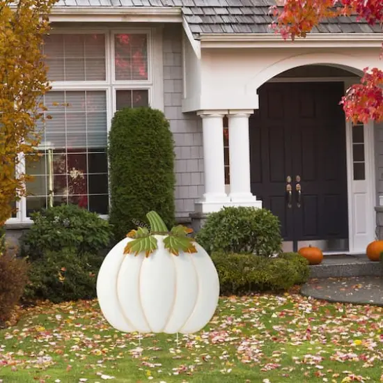 Glitzhome&reg; 39.5" Fall Oversized Metal Ivory Pumpkin Yard Stake, Wall or Standing Decor {3}