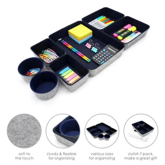 Welaxy 7 Piece Felt Round Cups & Trays Drawer Organizer Set Navy {4}