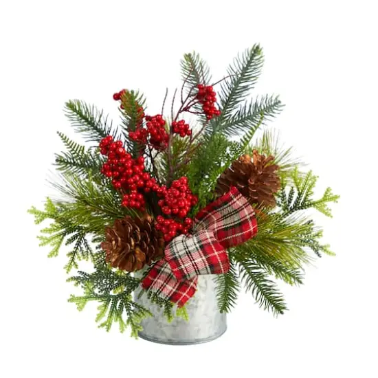 12" Holiday Winter Pinecones, Berries, Greenery & Plaid Bow Arrangement {1}