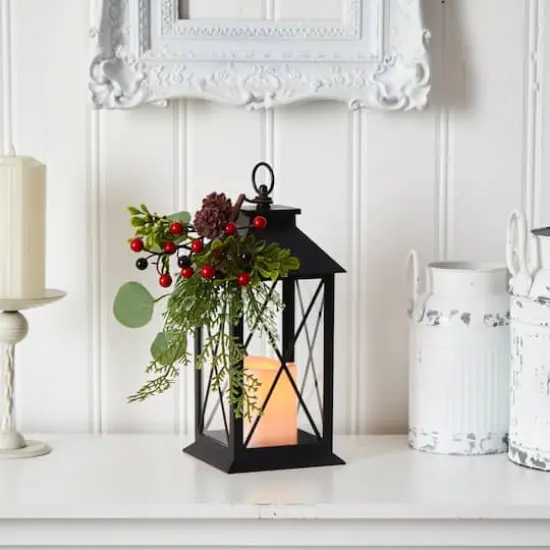 12" Berries & Greenery Metal Lantern Artificial Table Christmas Arrangement with LED Candle {3}