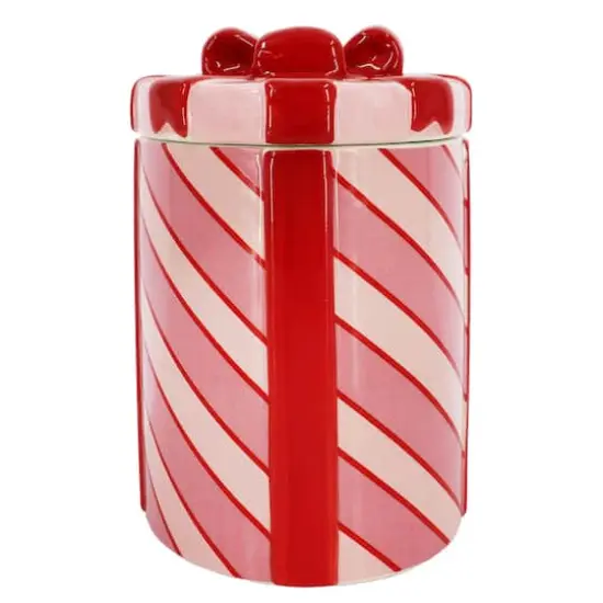 8.5" Pink & Red Striped Gift Ceramic Container with Lid by Ashland&reg; {1}