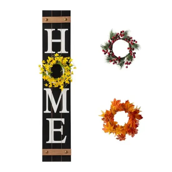 Glitzhome® 42" Black Home Wood Porch Sign with 3 Changeable Wreaths {1}