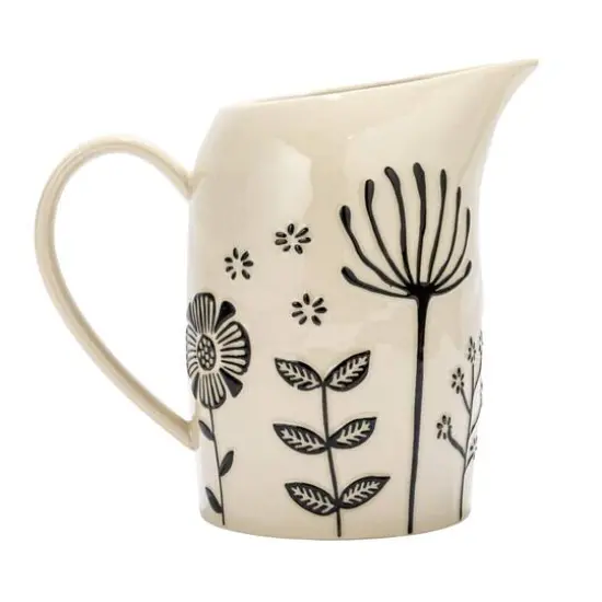 Hello Honey&reg; 62oz. Cream & Black Hand-Painted Embossed Flowers Stoneware Pitcher {9}
