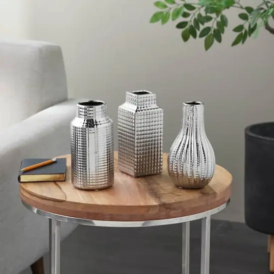 Silver Ceramic Geometric Dimensional Textured Vase Set with Varying Shapes & Grid Patterns {3}