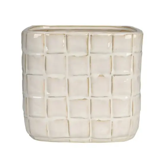 Hello Honey&reg; 6.25" White Debossed Woven Grid Patterned Stoneware Planter {6}