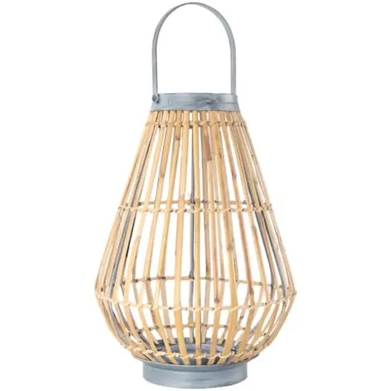 16" Brown Bamboo Handmade Open Framed Candle Lantern with Blue Metal Accents & Handle {4}